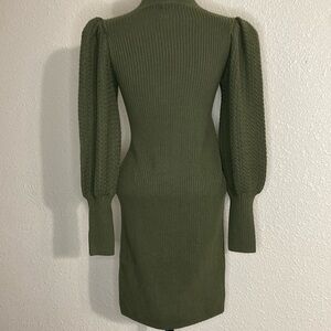 NWT Alice & Olivia Caleb Mock Neck Puff Sleeve Mini Dress Olive Green Size L
